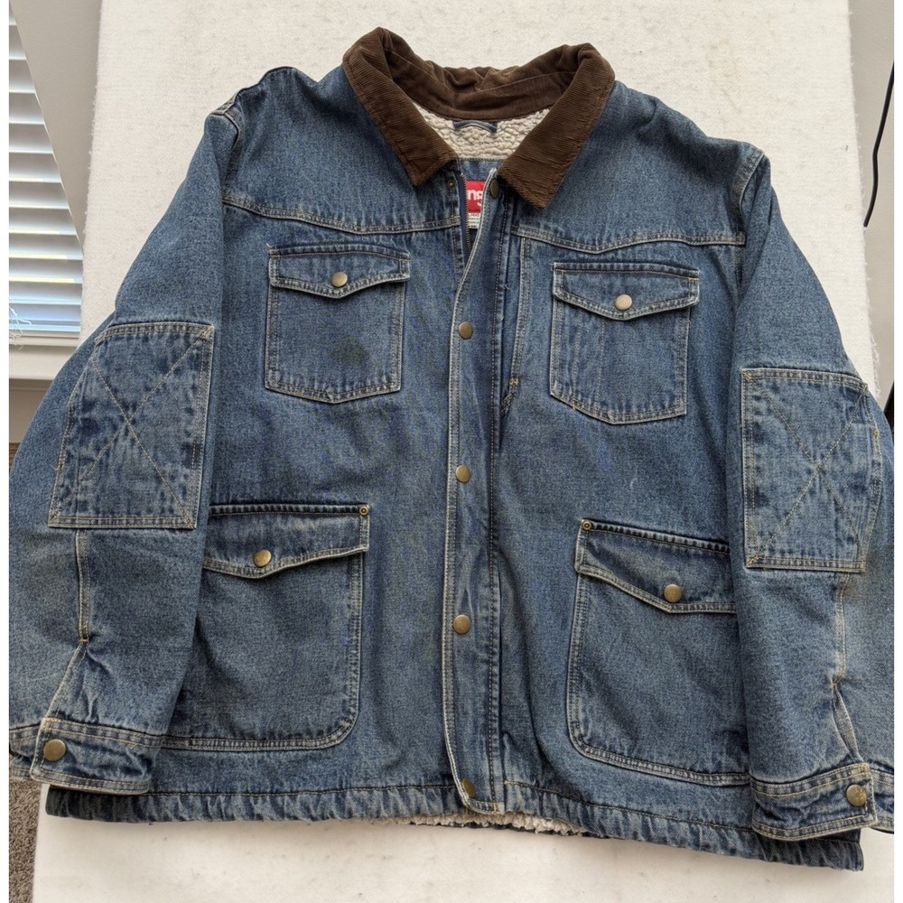 Wrangler Jacket Mens 4XL Blue Denim Sherpa Lined Chore Coat Corduroy Collar Zip